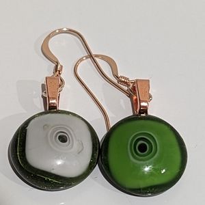 Artisan Handmade rose gold dangle and drop earrings  in green white with sparkle